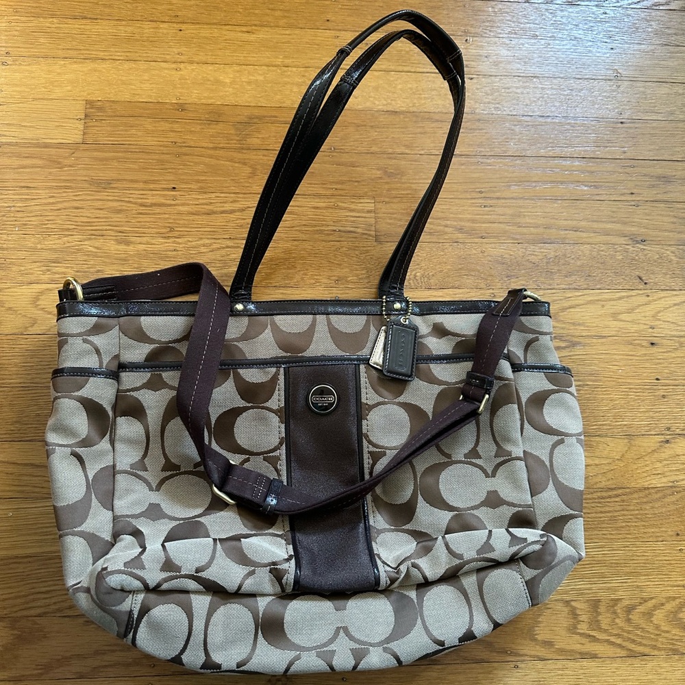Coach Brown and Tan Signature Shoulder Bag